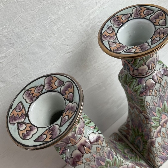 Vintage Chinoiserie Candle Holders Pastel Textured Boho Decor - One Pair… - Picture 4 of 10
